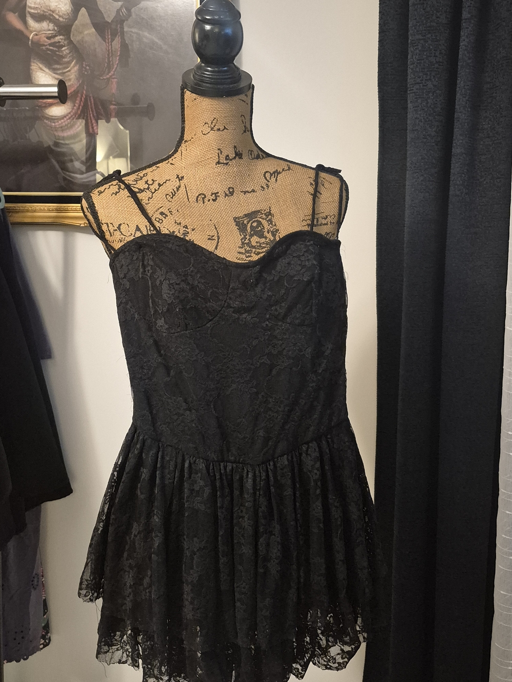 & Other Stories Black Lace Mini Dress with Spaghetti Straps